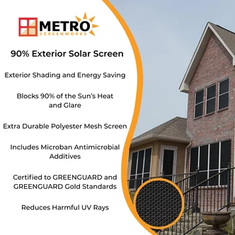 Metro Screenworks 90% Exterior Solar Screen product features. Heavy-duty polyester mesh blocks 90% of solar heat and glare, improves energy efficiency, includes antimicrobial protection, and meets GREENGUARD Gold certification.