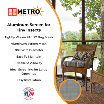 Aluminum bug screen mesh specifications chart highlighting tightly woven 24x22 mesh, .009 wire diameter, and corrosion-resistant metal for long-lasting tiny insect protection on patios, windows, and screened enclosures.