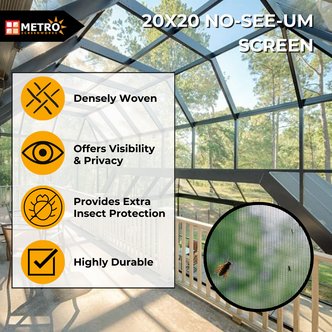 Durable no-see-um screen mesh offering premium insect protection, great visibility, easy installation, and GreenGuard certification—ideal for patios, porches, and pool enclosures.
