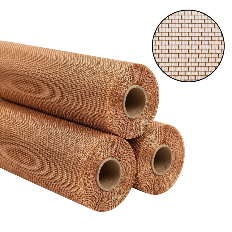 Rolls of Phifer Brite Bronze screen mesh stacked together with inset close-up showing bronze wire weave pattern and square mesh grid.