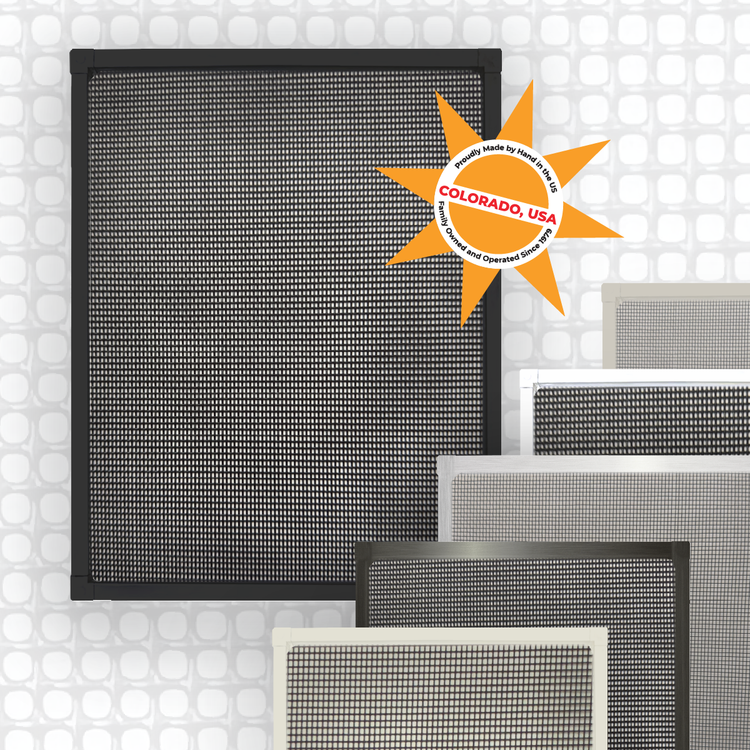 Main image for custom window screens shows several window screens with different screen mesh and frames