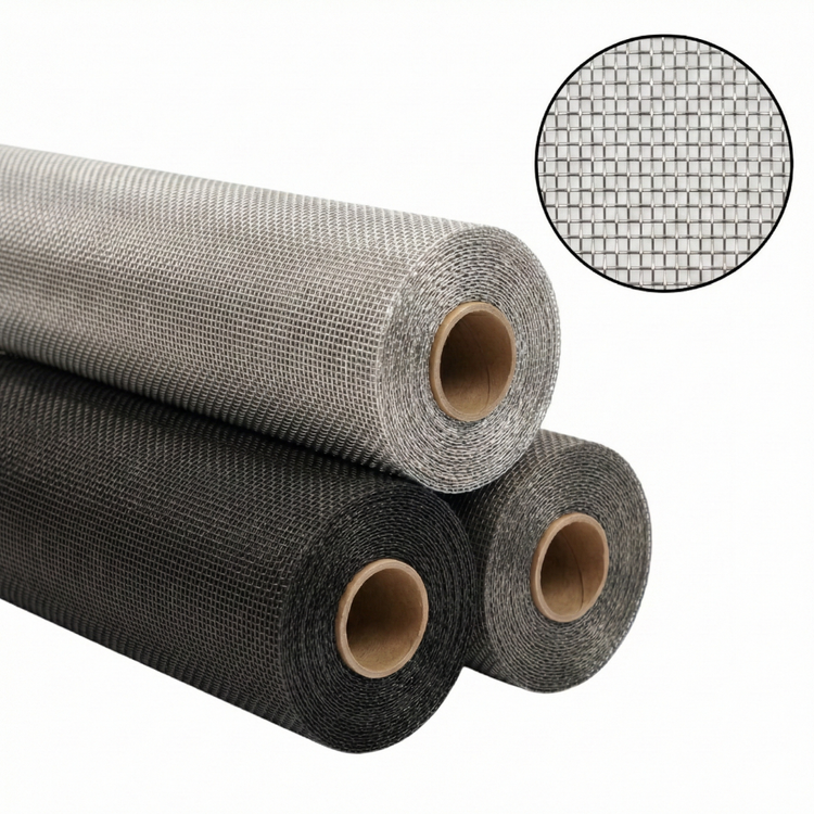 Three rolls of screen, including all colors of aluminum insect screen with swatch sample in the corner