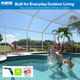 Family relaxing inside screened pool enclosure using fiberglass pool and patio screen mesh designed for outdoor comfort and durability.