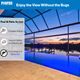 Pool and patio area enclosed with fiberglass screen mesh showing outdoor view while blocking insects, with icons highlighting airflow and visibility.