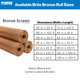 Phifer Brite Bronze screen mesh rolls shown with chart listing available widths and lengths, including 36, 48, 60, 72, 84, 96, 102, and 108 inch widths with 25 ft or 100 ft roll options.