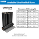 UltraVue screen mesh roll sizes in a chart 