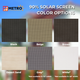 Color swatches for 90% solar screen mesh. Includes black, beige, brown, desert sand, grey, and white options. Durable solar fabric designed for maximum sun and privacy control.