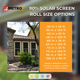 Roll size options for 90% solar screen mesh. Available in multiple widths and lengths for custom outdoor shade installations, window screens, and porch enclosures.