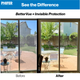 Side by side comparison of bettervue and standard fiberglass installed in a sliding screen door
