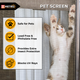 Pet screen benefits infographic with a cat stretching against the mesh. Highlights: safe for pets, lead- and phthalate-free, extra insect protection, and UV ray blocking. Pet screen benefits infographic with a cat stretching against the mesh. Highlights: safe for pets, lead- and phthalate-free, extra insect protection, and UV ray blocking.