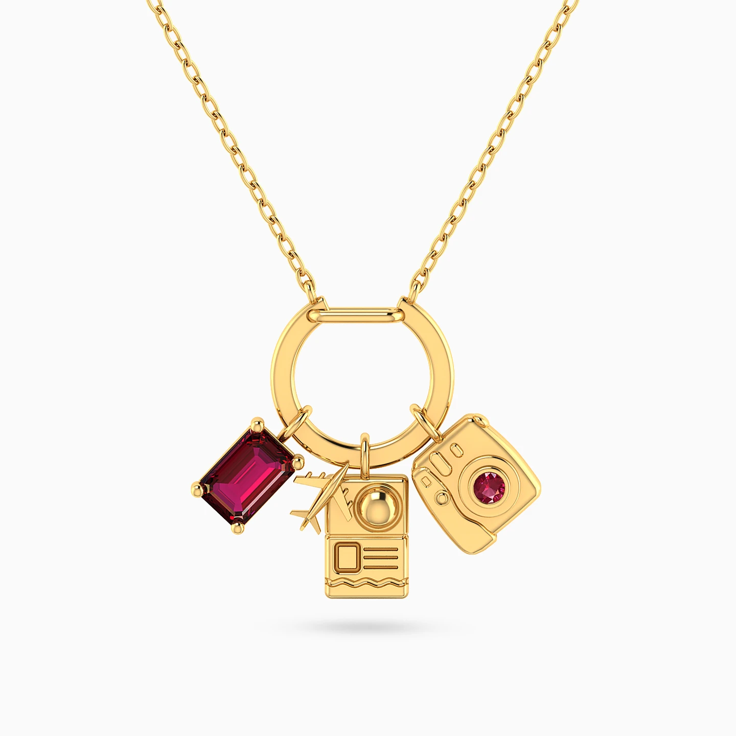 Traveler Passport & Camera Pink Stone Necklace in 18K Gold Traveler Passport & Camera Pink Stone Necklace in 18K Gold