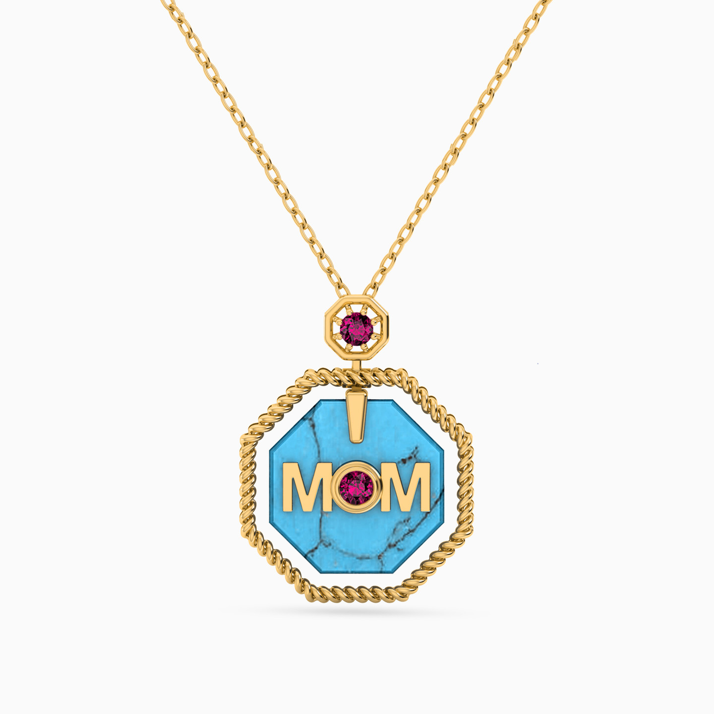 Mom Word Pearl & Colored Stones Necklace in 18K Gold Mom Word Pearl & Colored Stones Necklace in 18K Gold