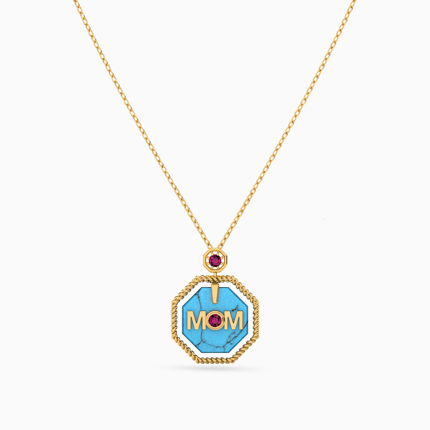 Mom Word Pearl & Colored Stones Necklace in 18K Gold - 3 Mom Word Pearl & Colored Stones Necklace in 18K Gold - 3