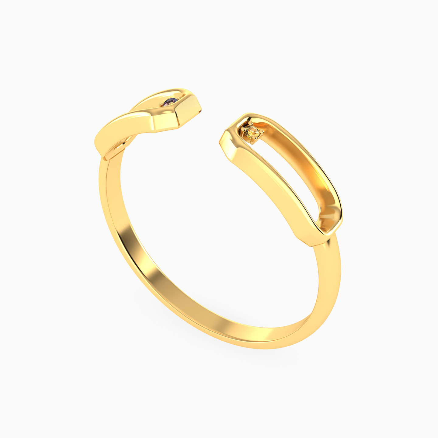 خاتم برأس مزدوجة ذهب عيار 18 قيراط شكل مستطيل مزين بالأحجار ملونة - 2 خاتم برأس مزدوجة ذهب عيار 18 قيراط شكل مستطيل مزين بالأحجار ملونة - 2