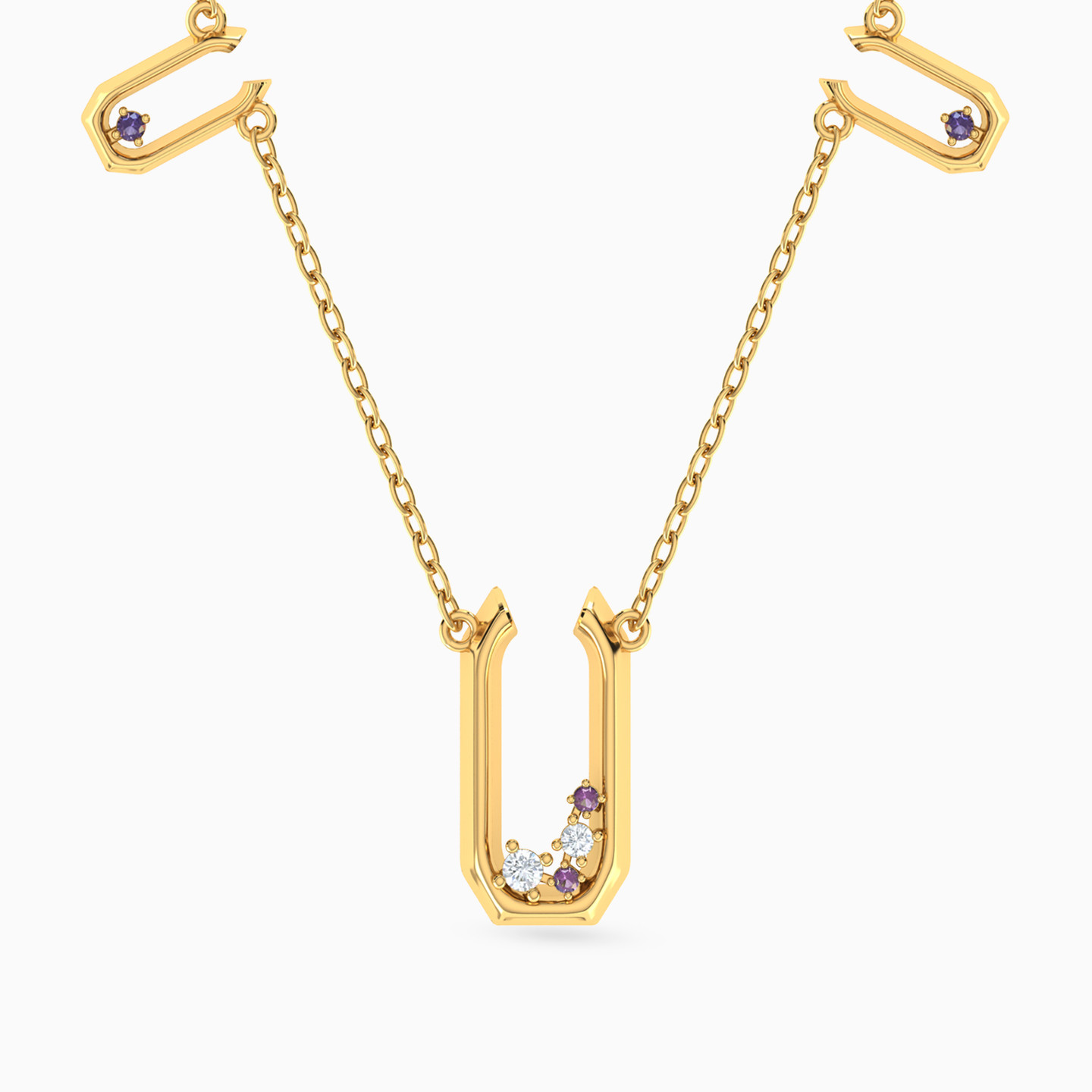 U Shaped Colored Stones Pendant with 18K Gold Chain