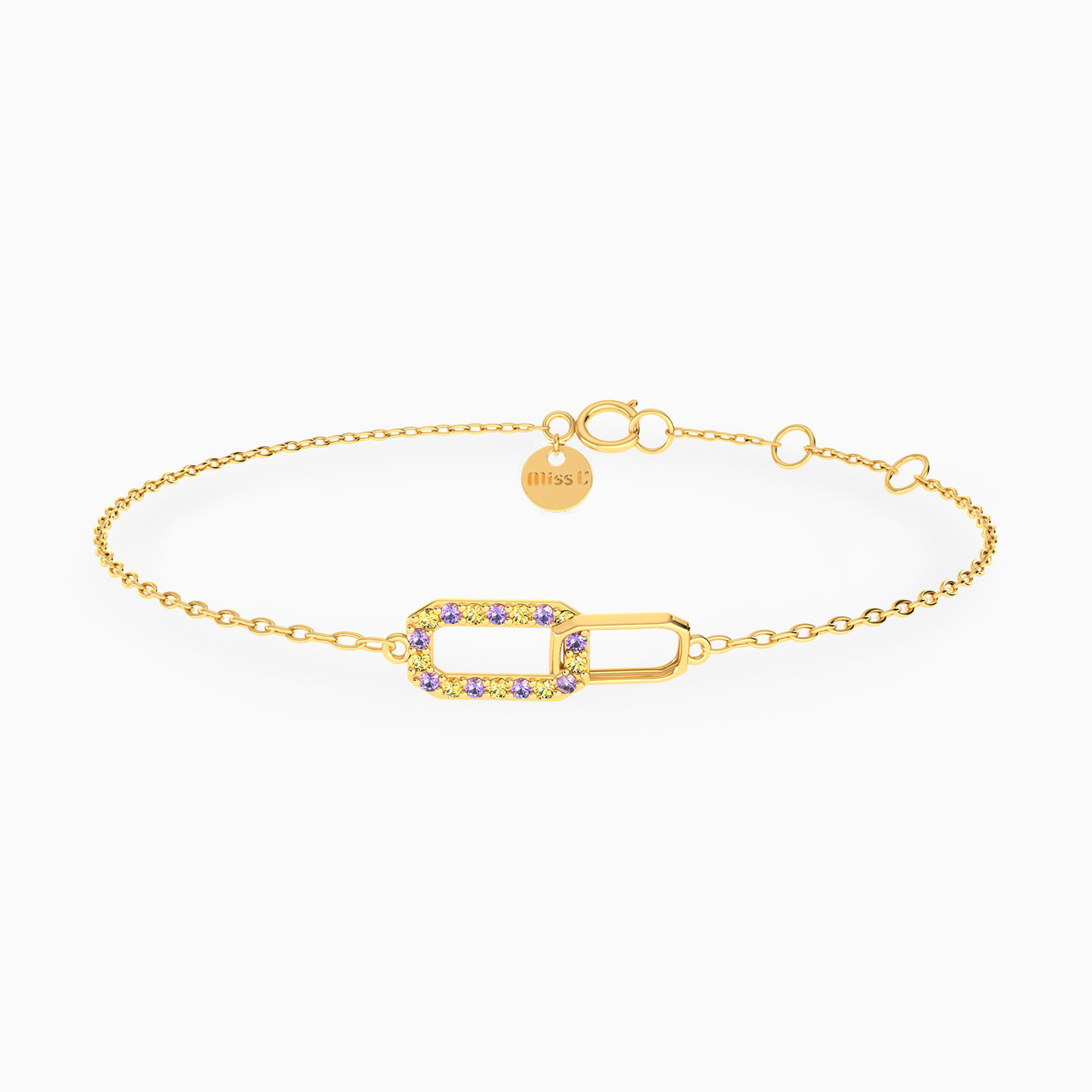 Rectangle Shaped Colored Stones Chain Bracelet in 18K Gold