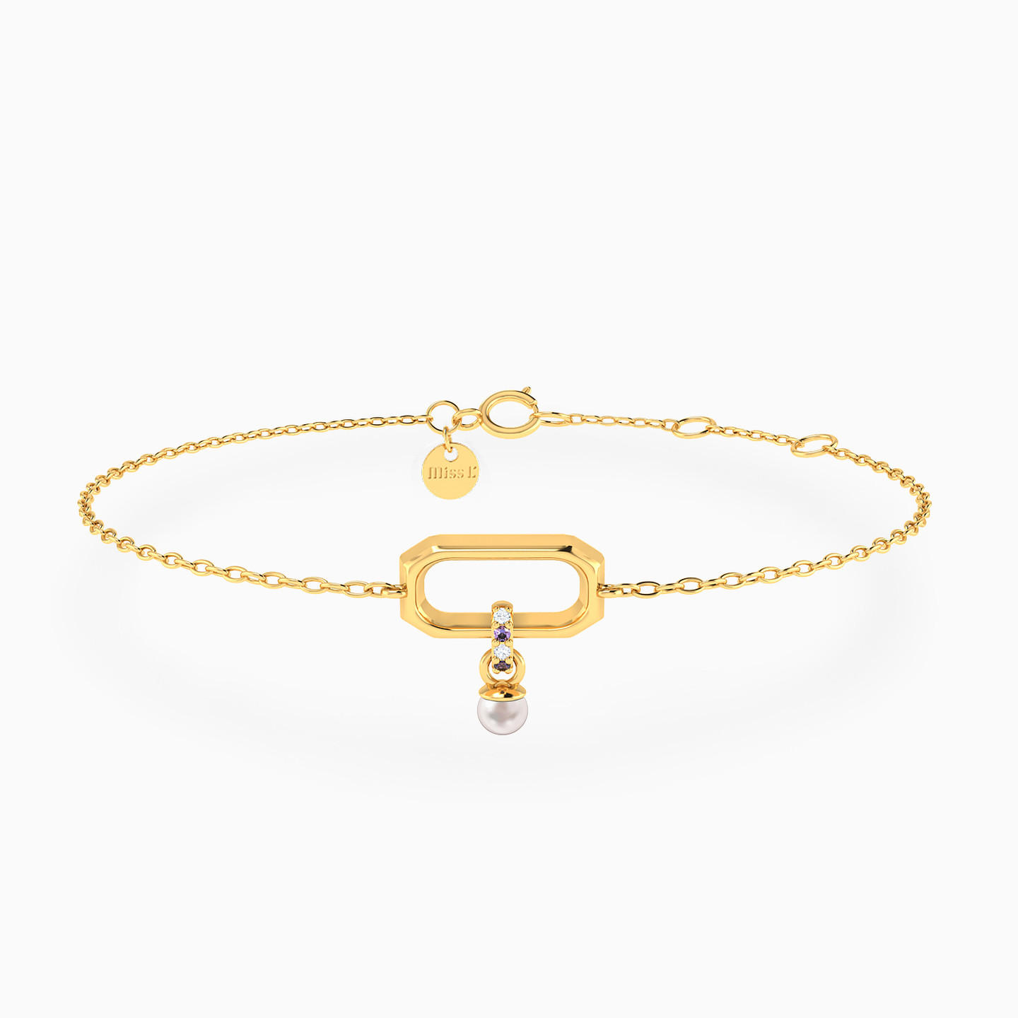 Rectangle Shaped Pearls & Colored Stones Chain Bracelet in 18K Gold