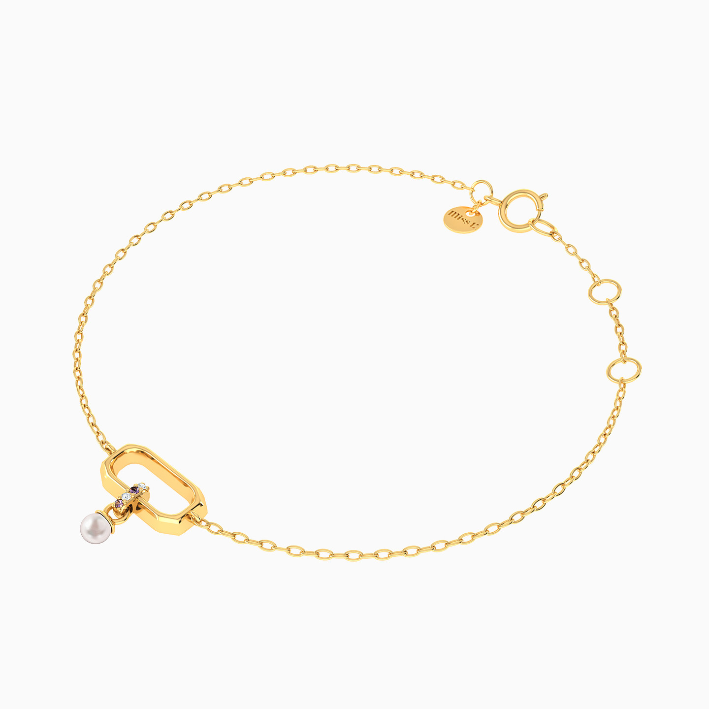 Rectangle Shaped Pearls & Colored Stones Chain Bracelet in 18K Gold - 2