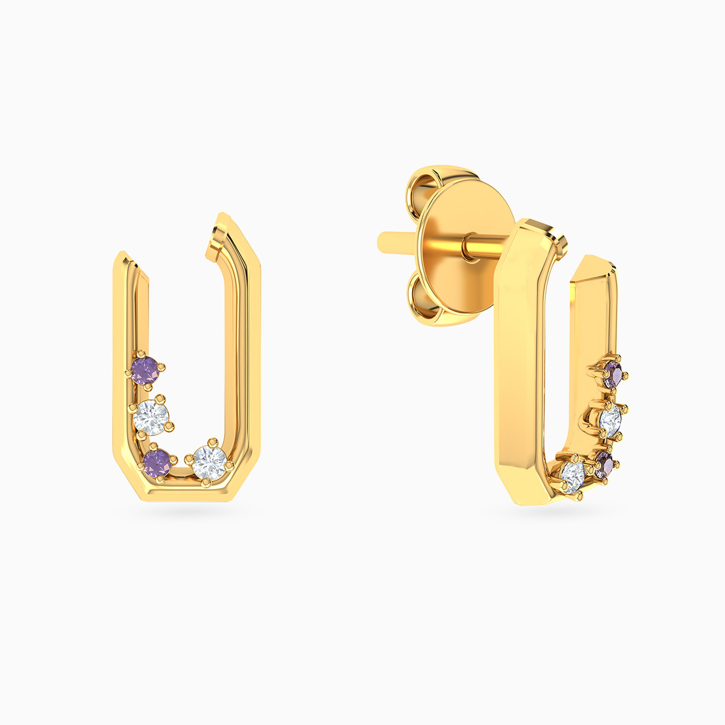 U Shaped Colored Stones Stud Earrings in 18K Gold - 2