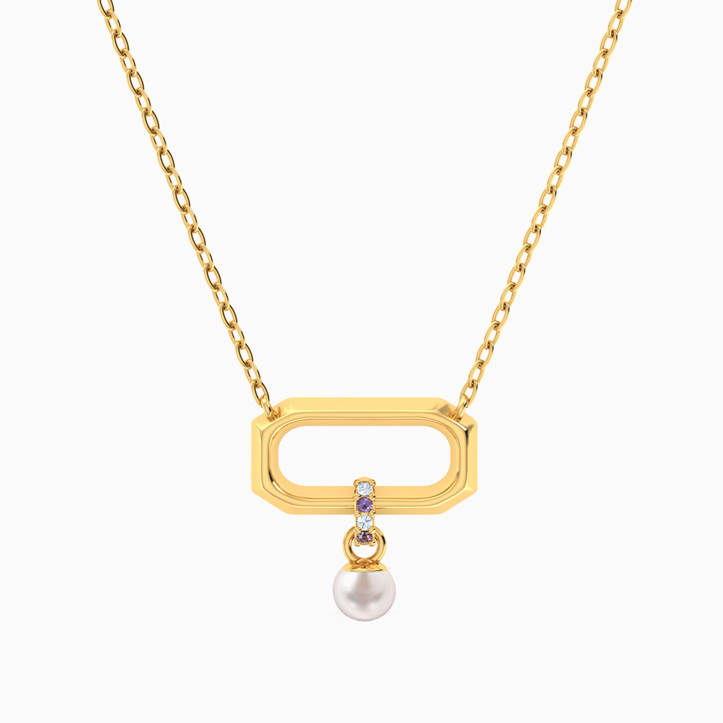 Rectangle Shaped Pearls & Colored Stones Pendant with 18K Gold Chain