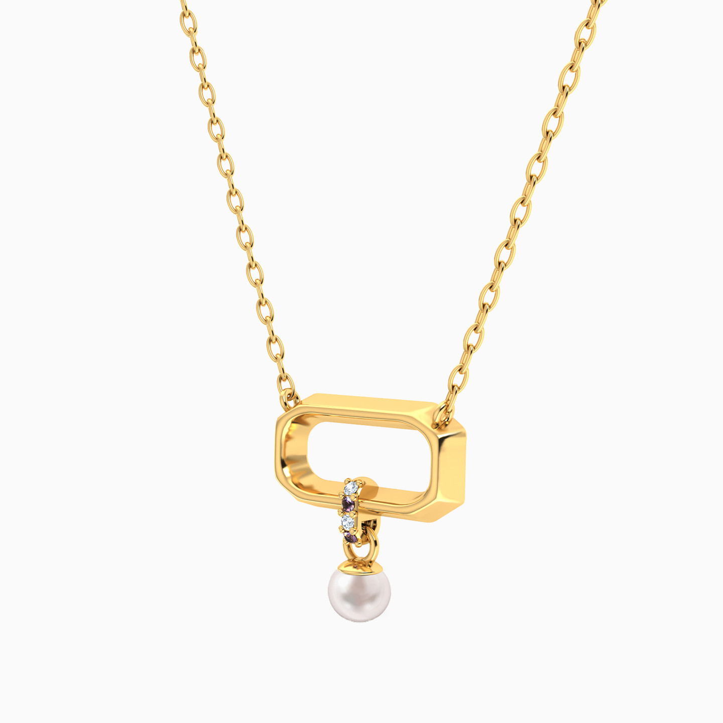 Rectangle Pearl & Colored Stones Necklace in 18K Gold - 2 Rectangle Pearl & Colored Stones Necklace in 18K Gold - 2