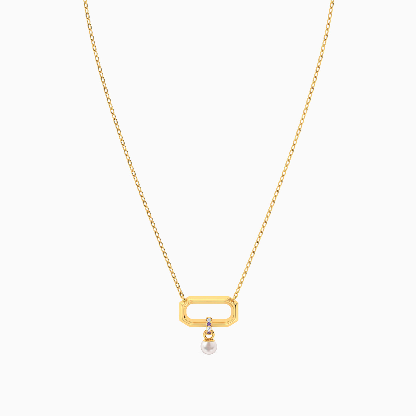Rectangle Pearl & Colored Stones Necklace in 18K Gold - 3 Rectangle Pearl & Colored Stones Necklace in 18K Gold - 3
