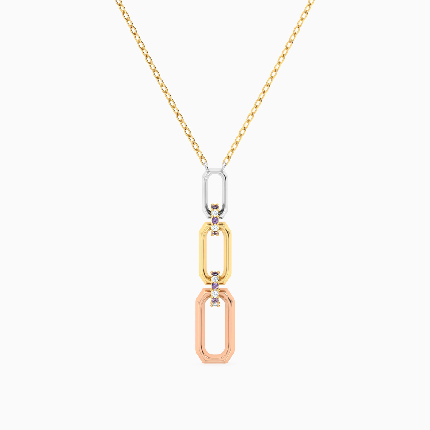 Rectangle Shaped Colored Stones Pendant with 18K Gold Chain