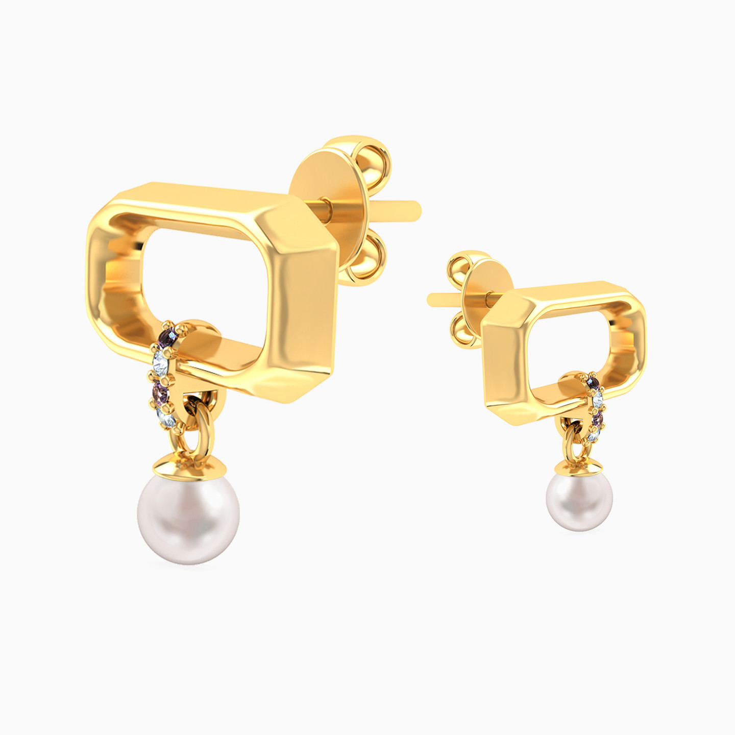 Rectangle Shaped Pearls & Colored Stones Drop Earrings in 18K Gold - 3
