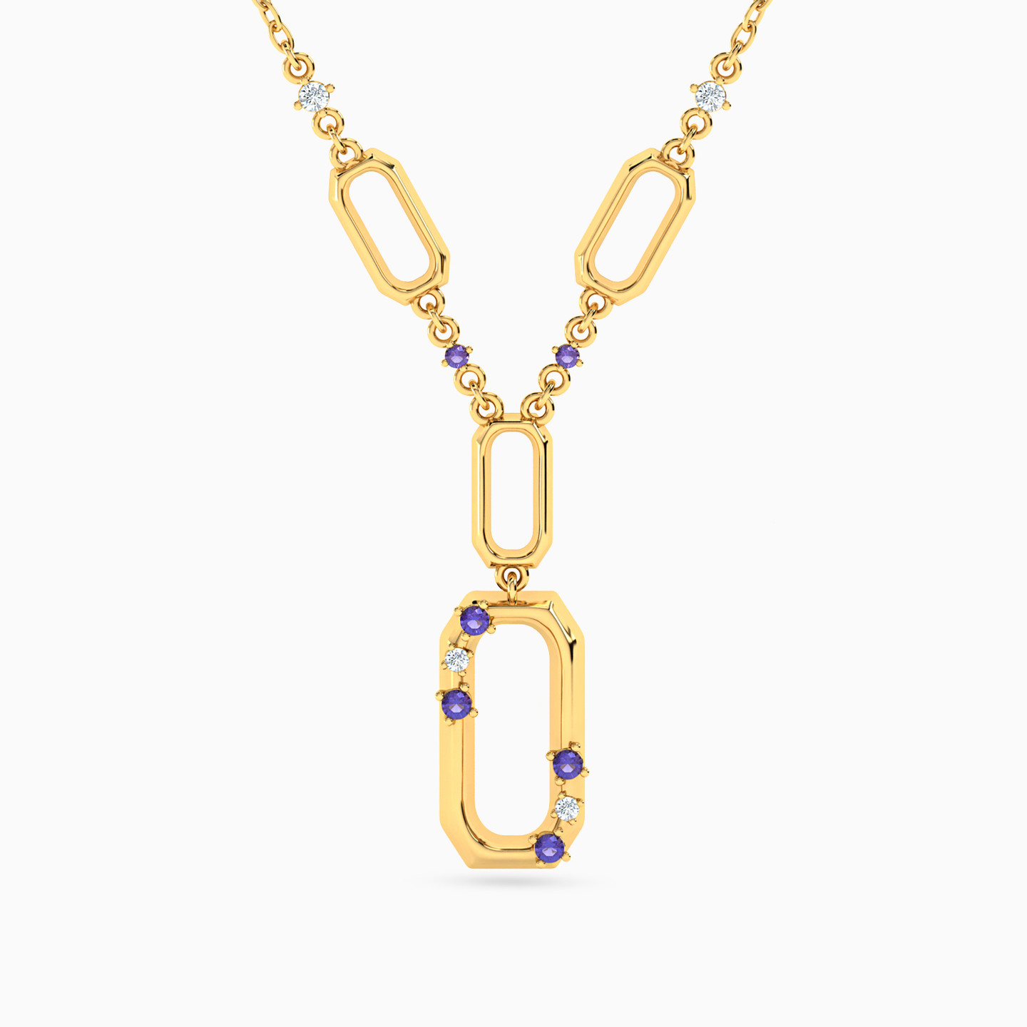 Rectangle Shaped Colored Stones Pendant with 18K Gold Chain