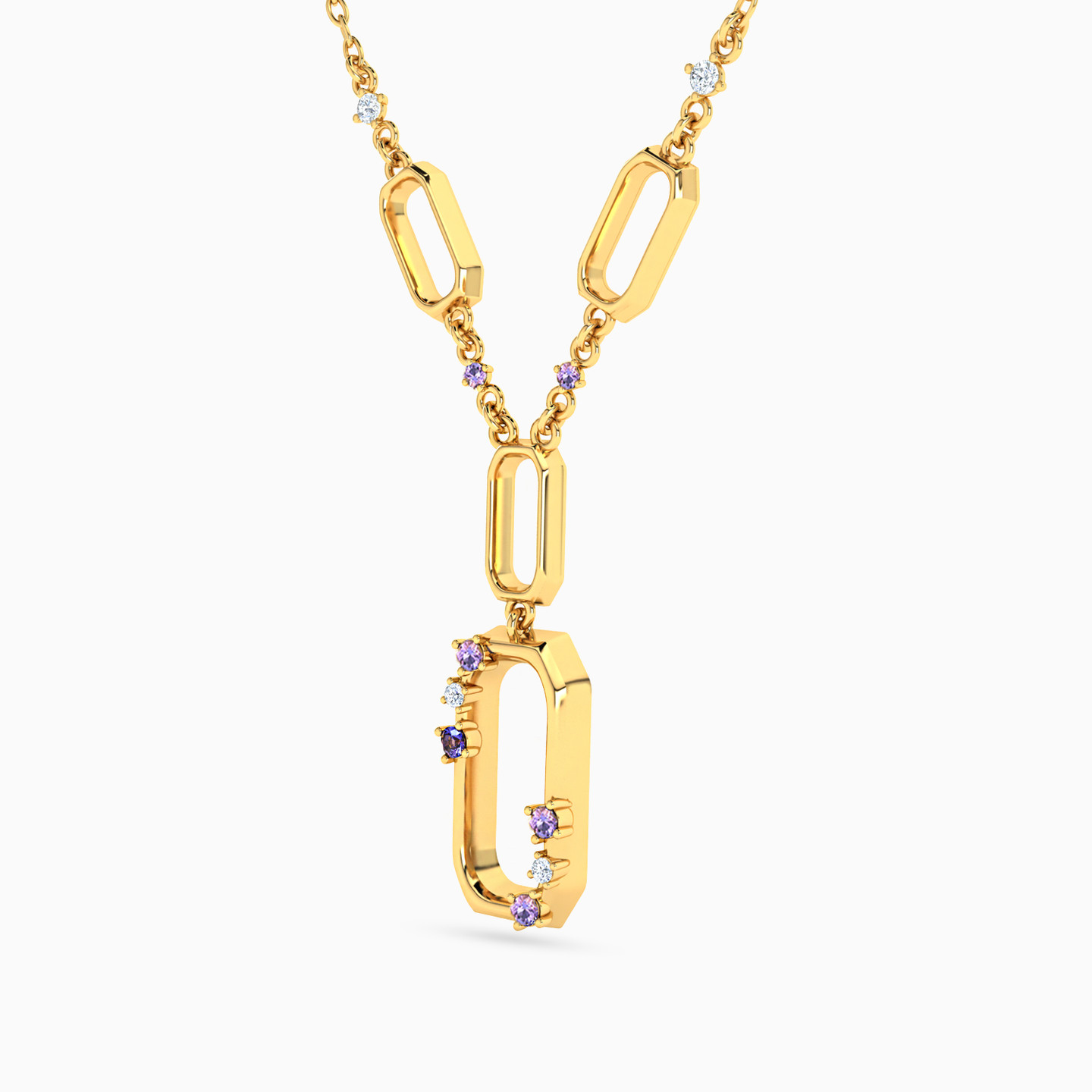 Rectangle Shaped Colored Stones Pendant with 18K Gold Chain - 2