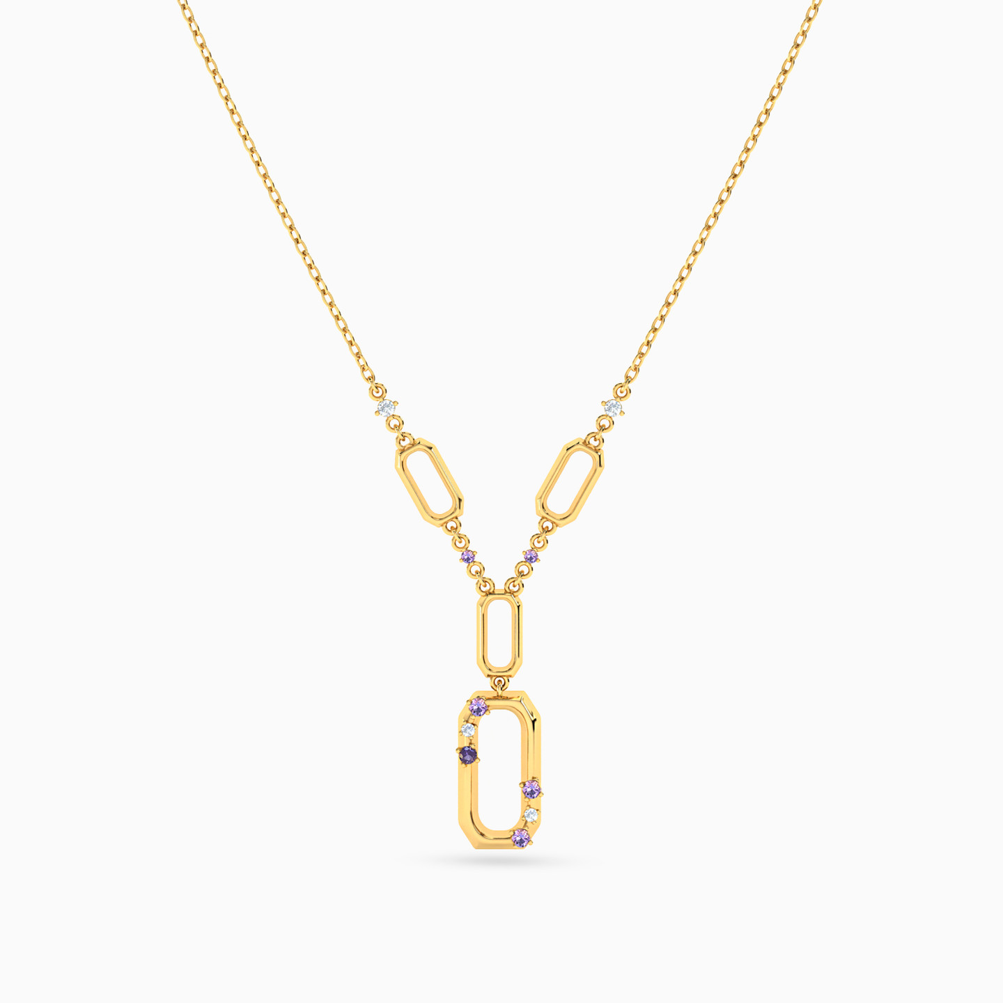 Rectangle Shaped Colored Stones Pendant with 18K Gold Chain - 3