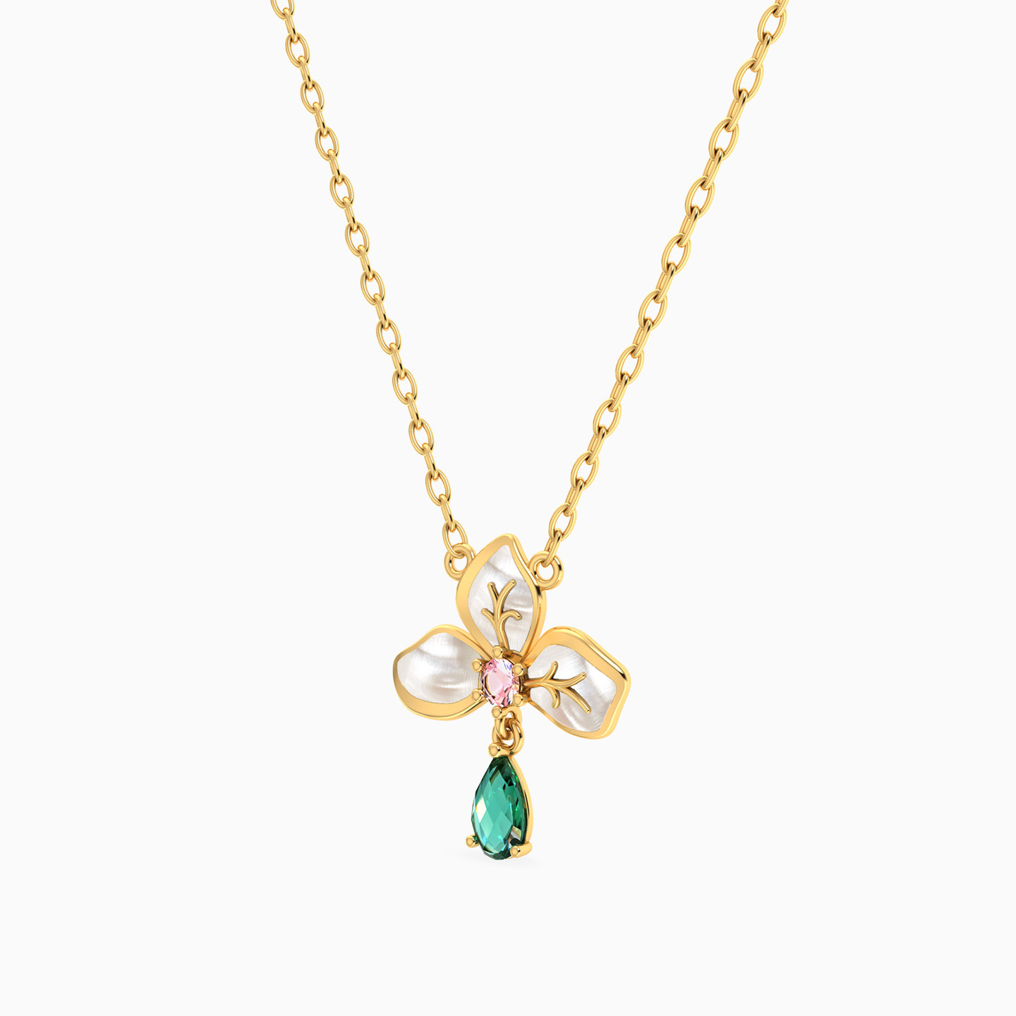 Flower Shaped Colored Stones Pendant with 18K Gold Chain - 2