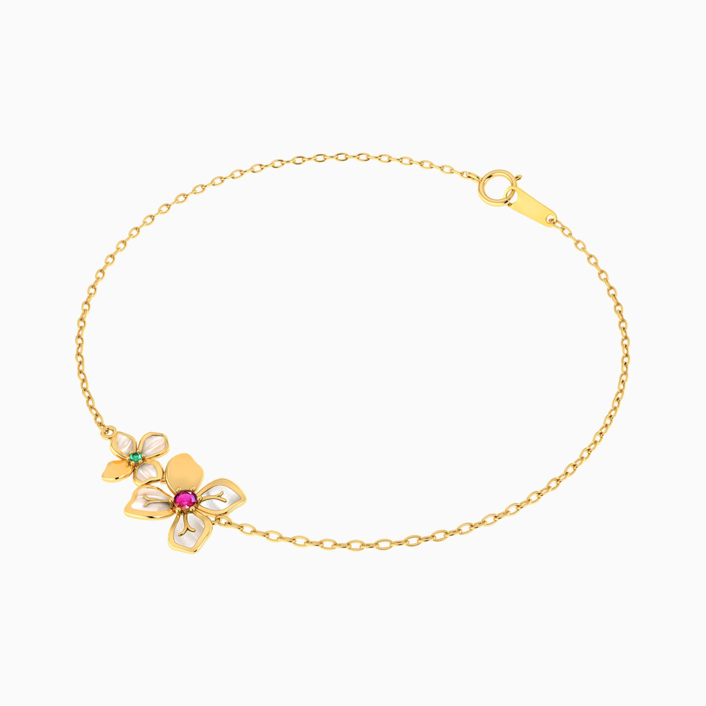 Flower Shaped Colored Stones Chain Bracelet in 18K Gold - 2