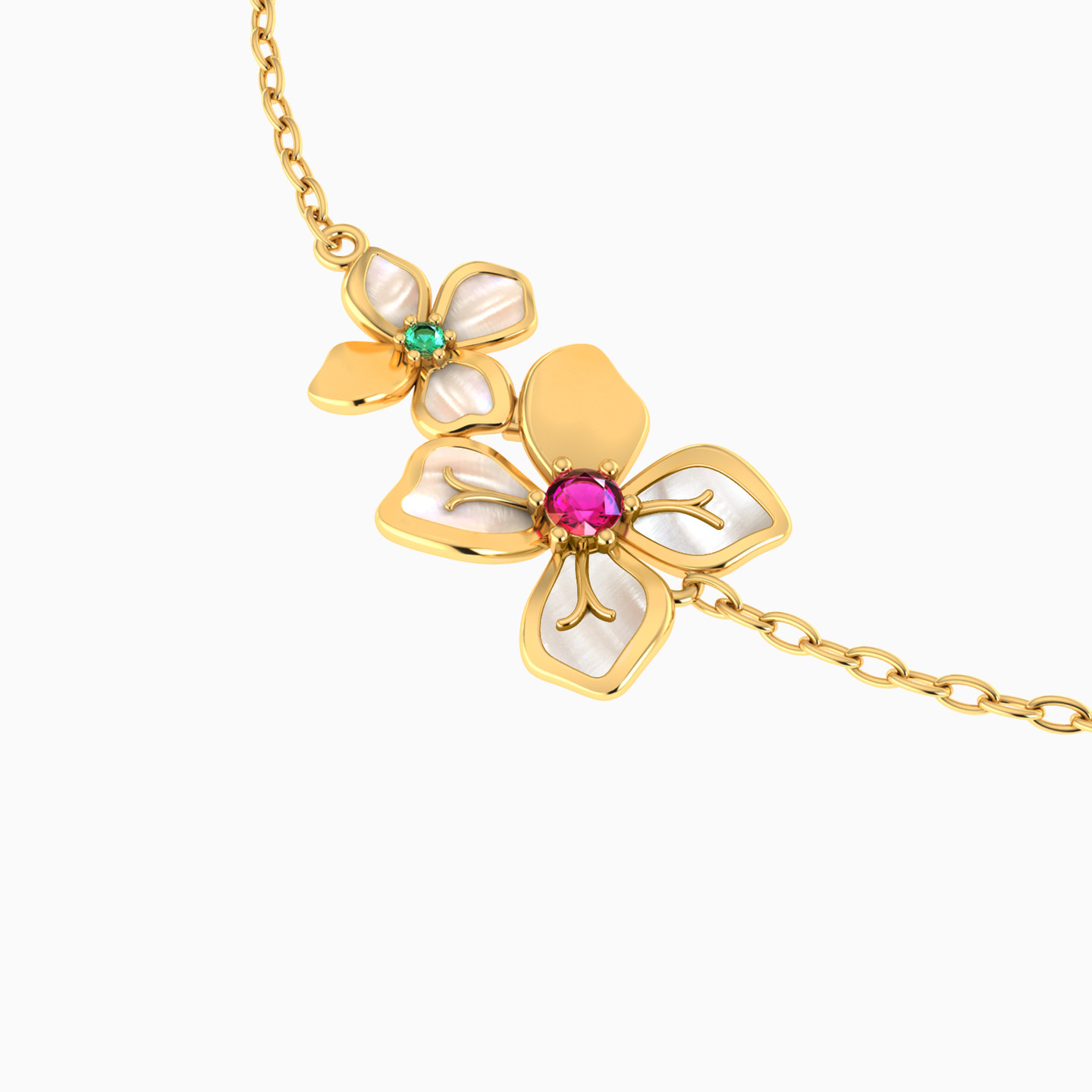 Flower Shaped Colored Stones Chain Bracelet in 18K Gold - 3