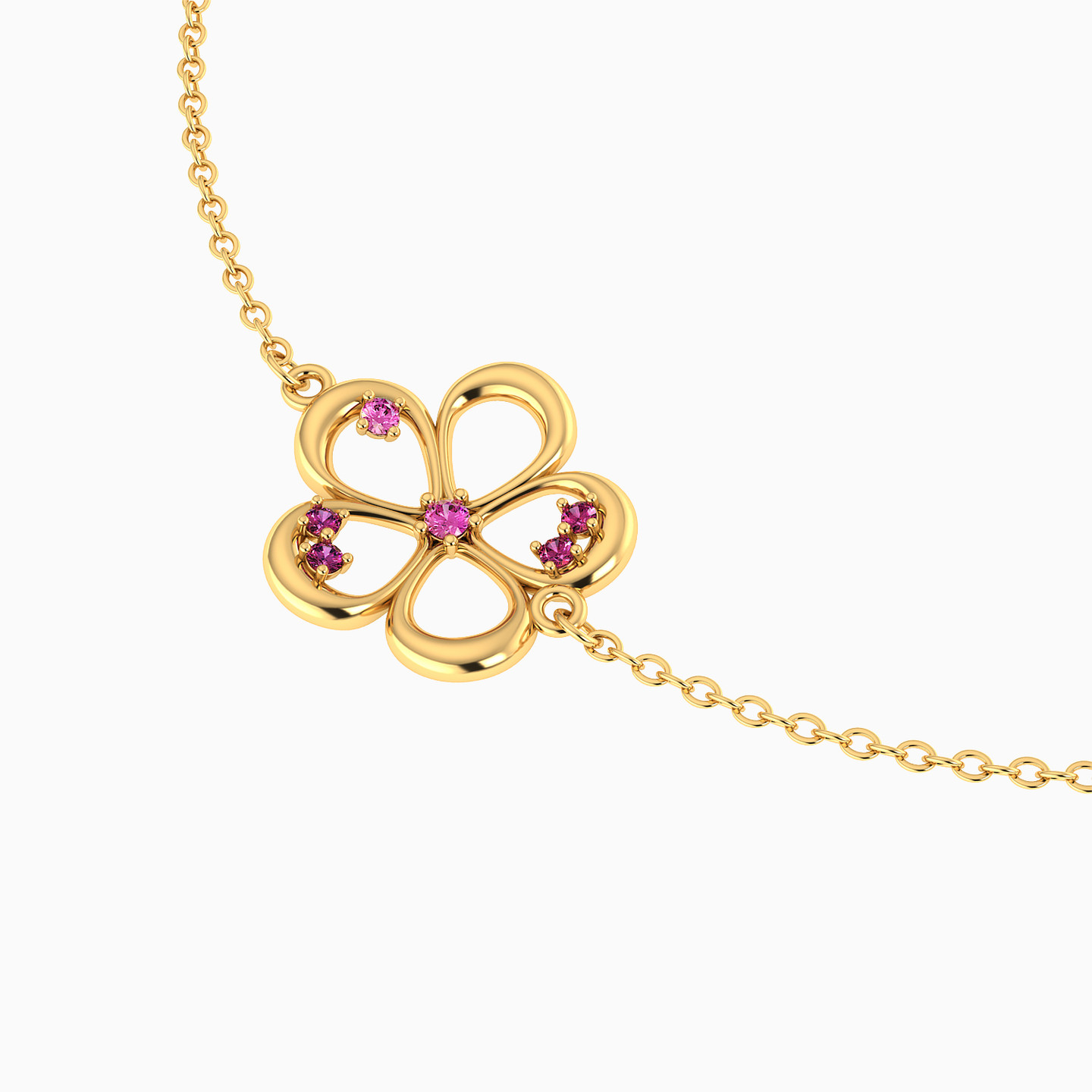 Flower Shaped Rose Stone Chain Bracelet in 18K Gold - 3 Flower Shaped Rose Stone Chain Bracelet in 18K Gold - 3