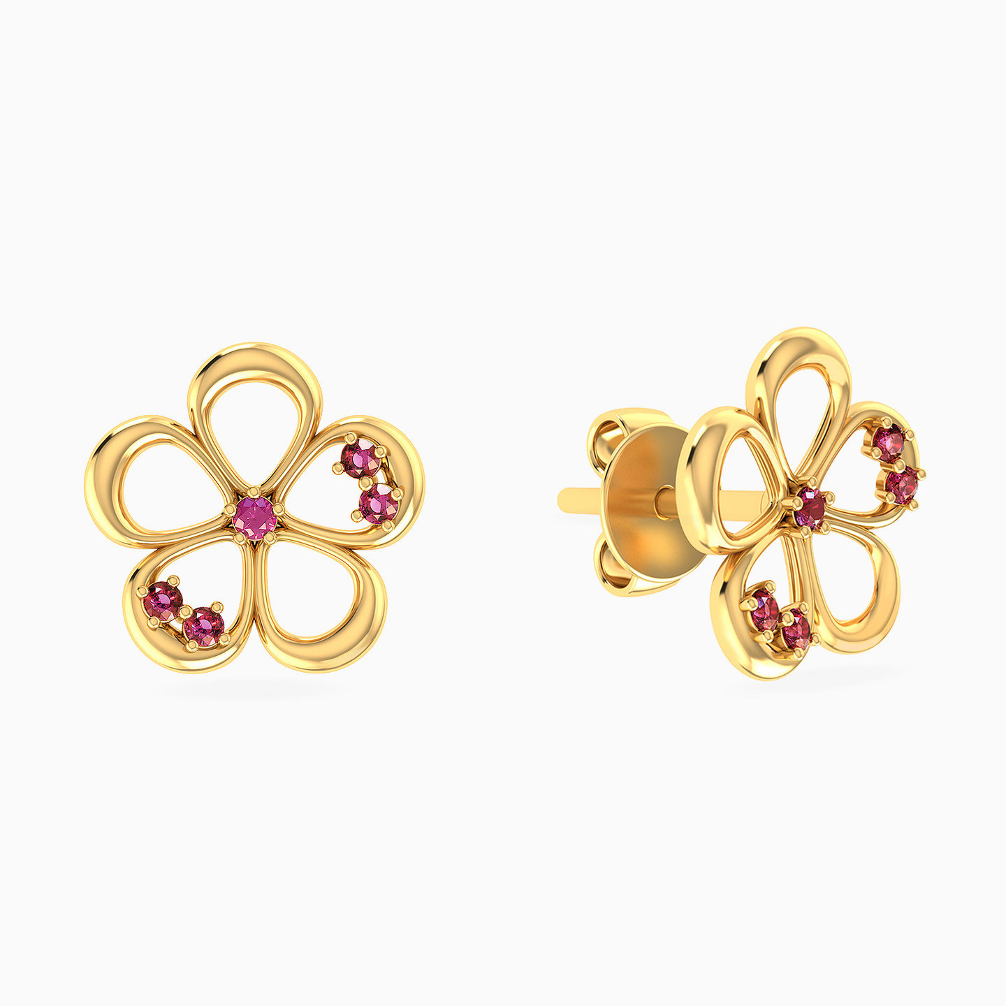 Flower Shaped Rose Stone Stud Earrings in 18K Gold - 2 Flower Shaped Rose Stone Stud Earrings in 18K Gold - 2