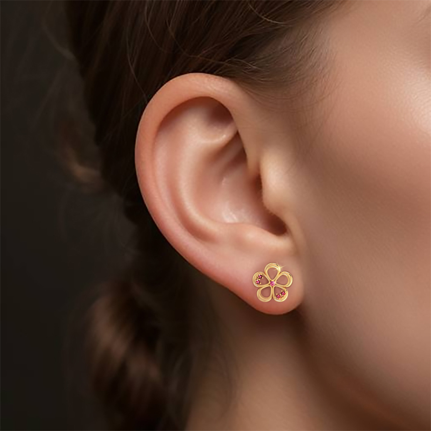 Flower Shaped Rose Stone Stud Earrings in 18K Gold - 4 Flower Shaped Rose Stone Stud Earrings in 18K Gold - 4