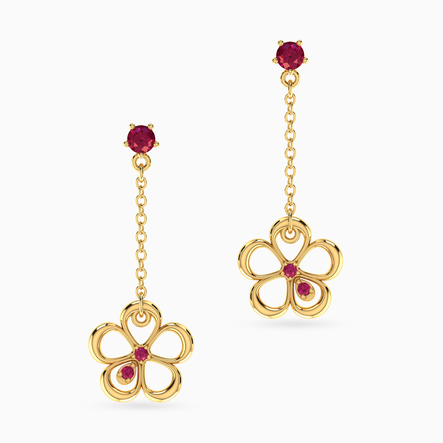 Flower Shaped Colored Stones Drop Earrings in 18K Gold