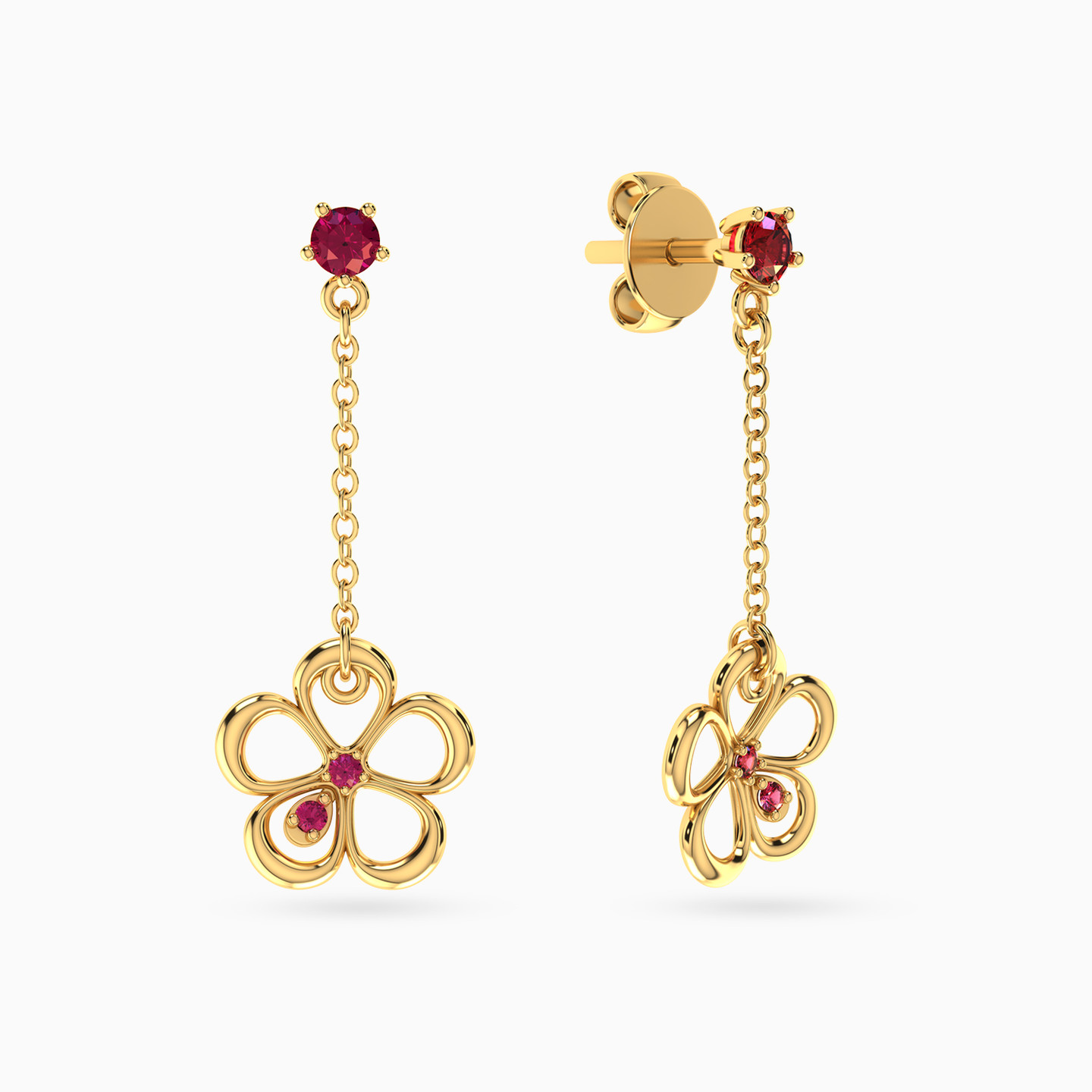 Flower Shaped Colored Stones Drop Earrings in 18K Gold - 2
