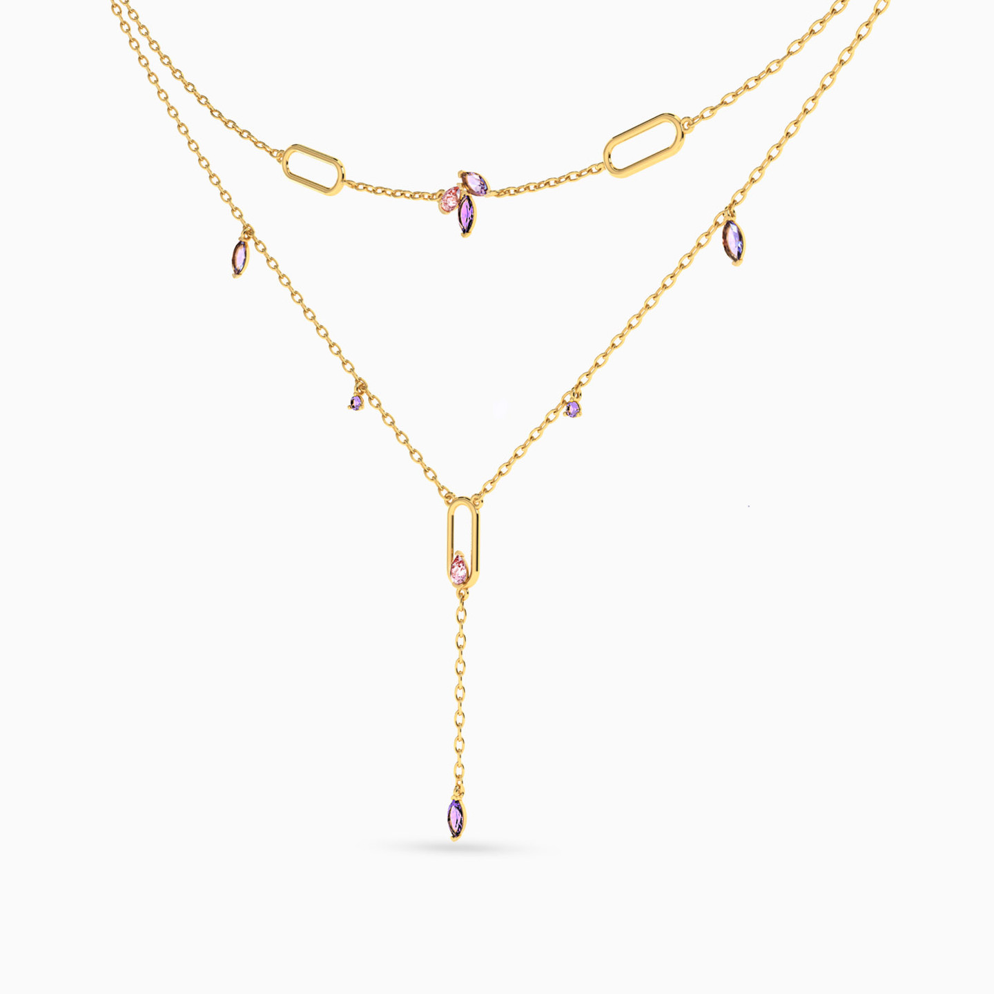 Multishaped Purple Stone Layered Necklace in 18K Gold - 2 Multishaped Purple Stone Layered Necklace in 18K Gold - 2