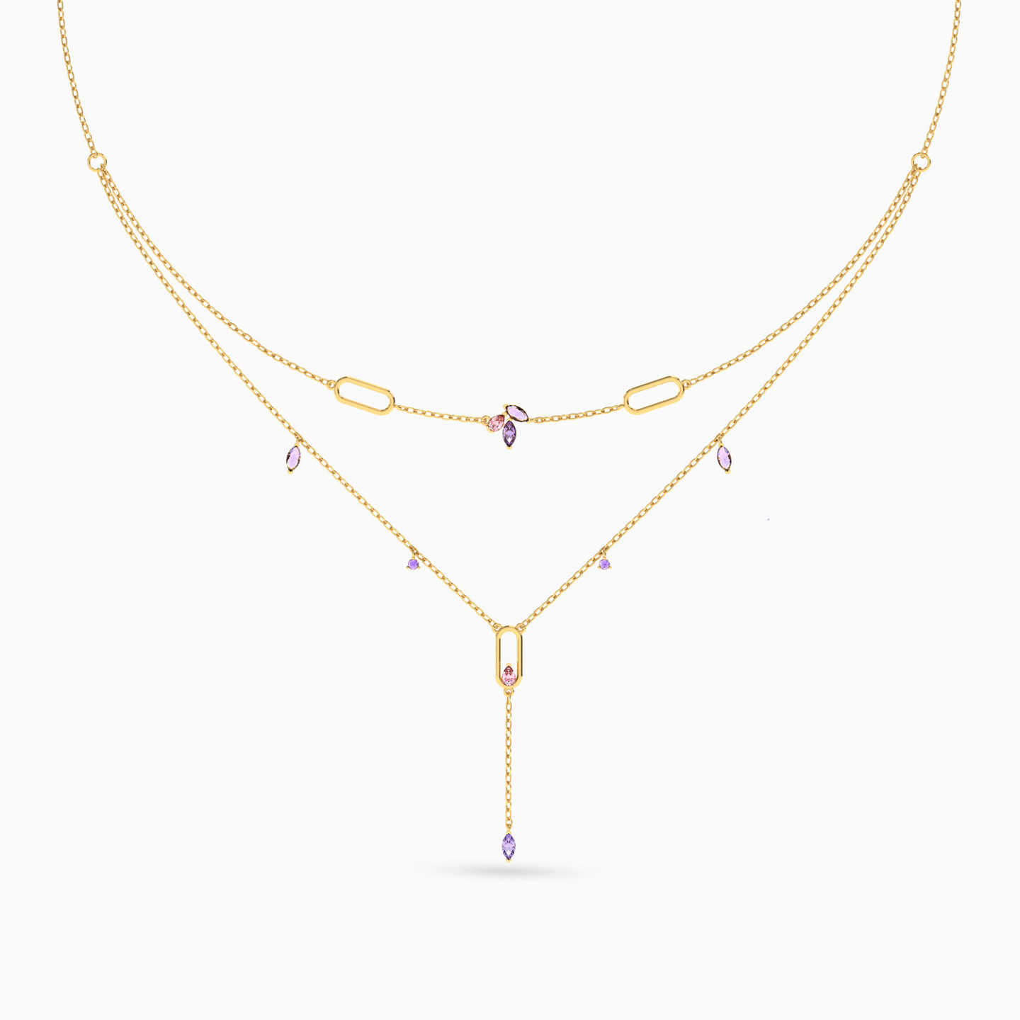 Multishaped Purple Stone Layered Necklace in 18K Gold - 3 Multishaped Purple Stone Layered Necklace in 18K Gold - 3