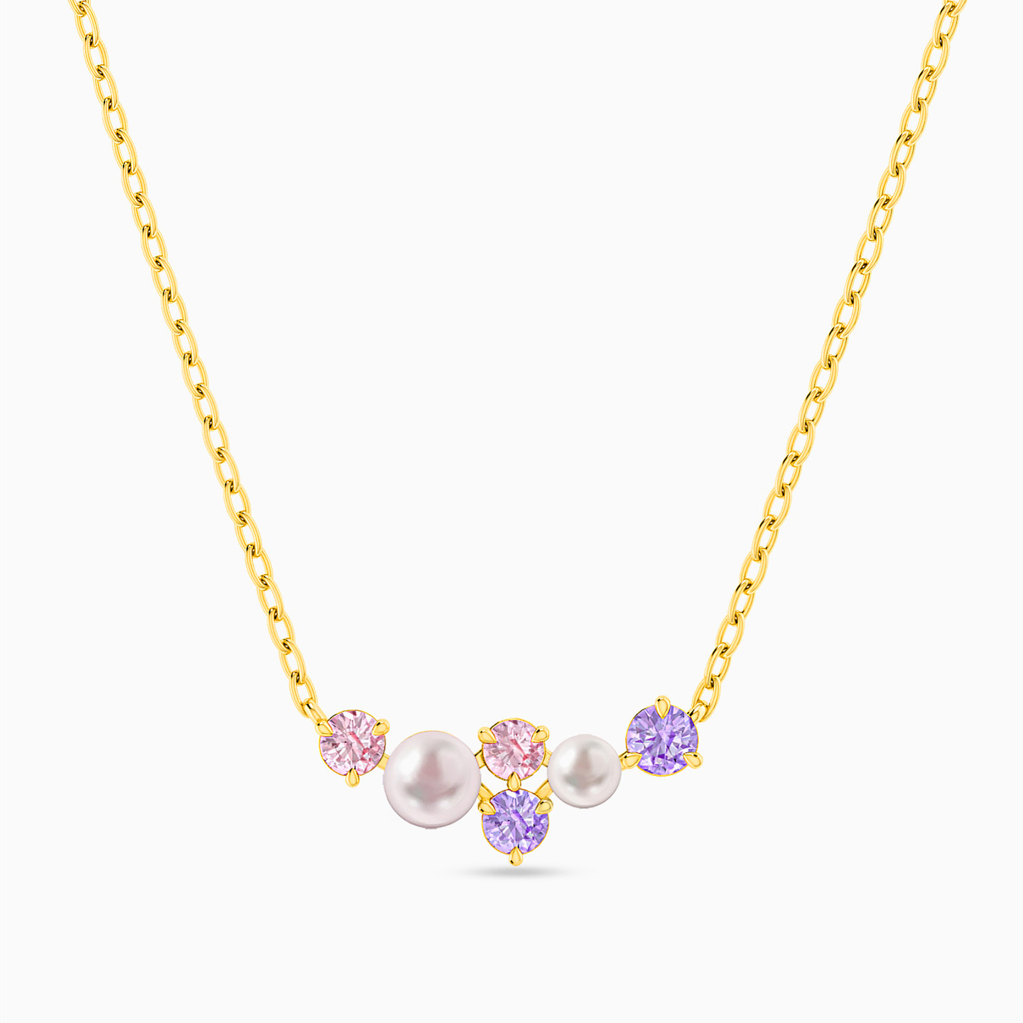 Round Pearls & Colored Stones Chain Necklace in 18K Gold Round Pearls & Colored Stones Chain Necklace in 18K Gold