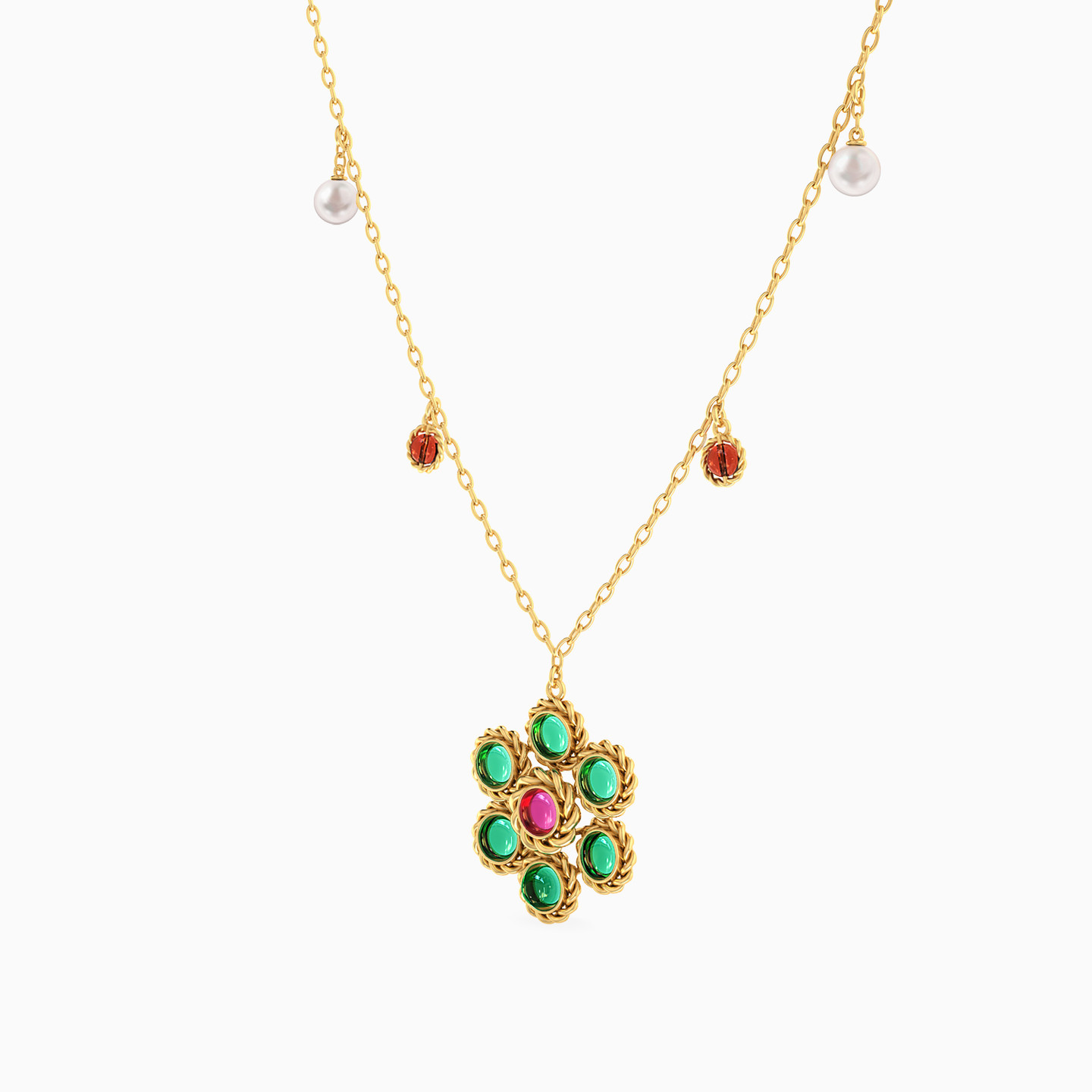 Flower Shaped Colored Stones Pendant with 18K Gold Chain - 2