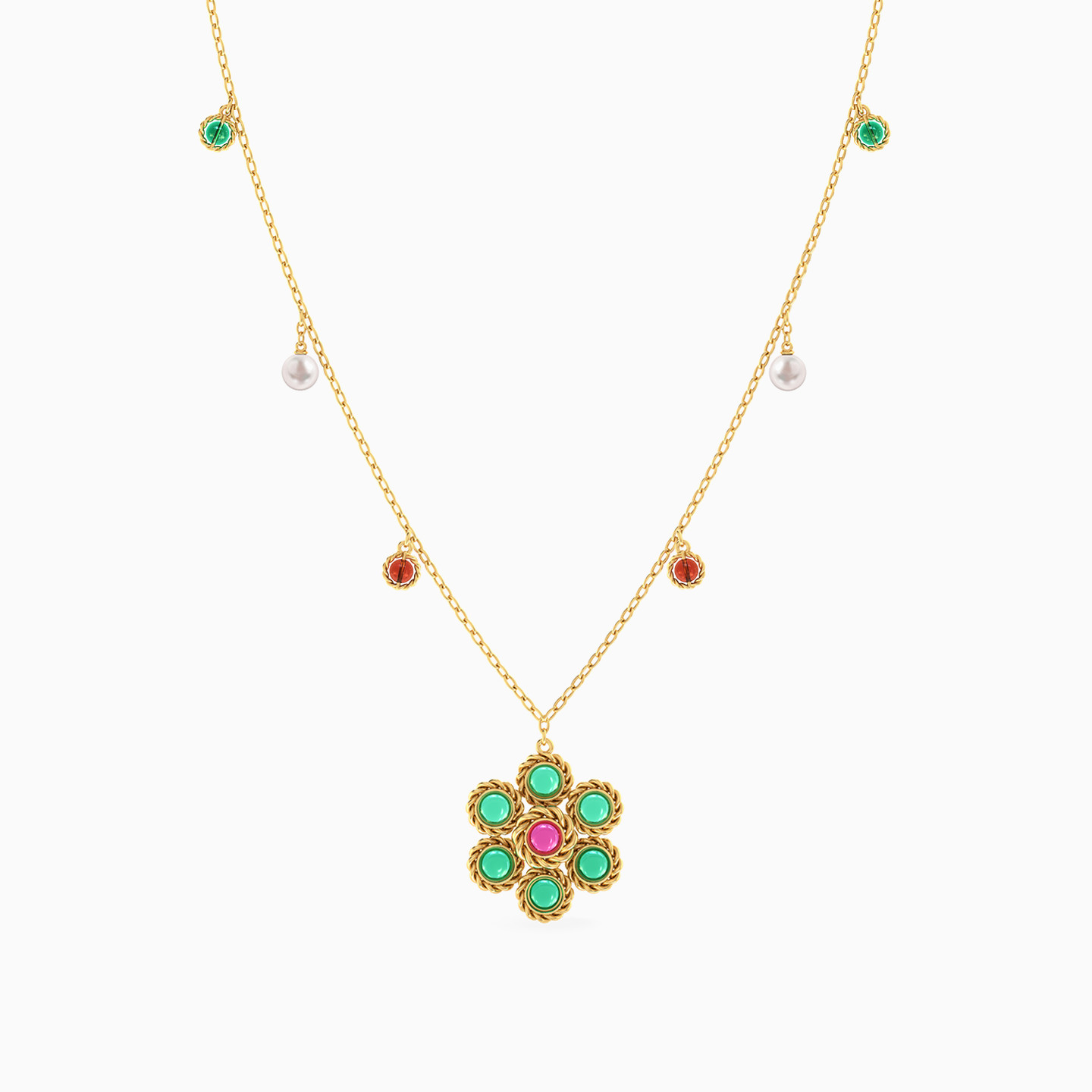 Flower Shaped Colored Stones Pendant with 18K Gold Chain - 3