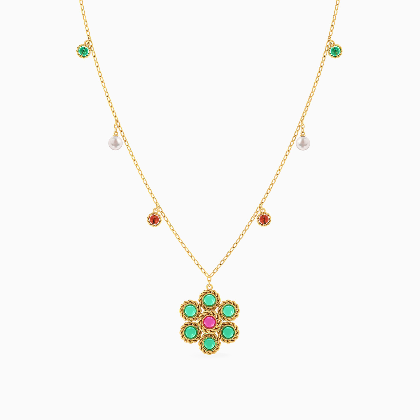 Flower Colored Stones Necklace in 18K Gold - 3 Flower Colored Stones Necklace in 18K Gold - 3