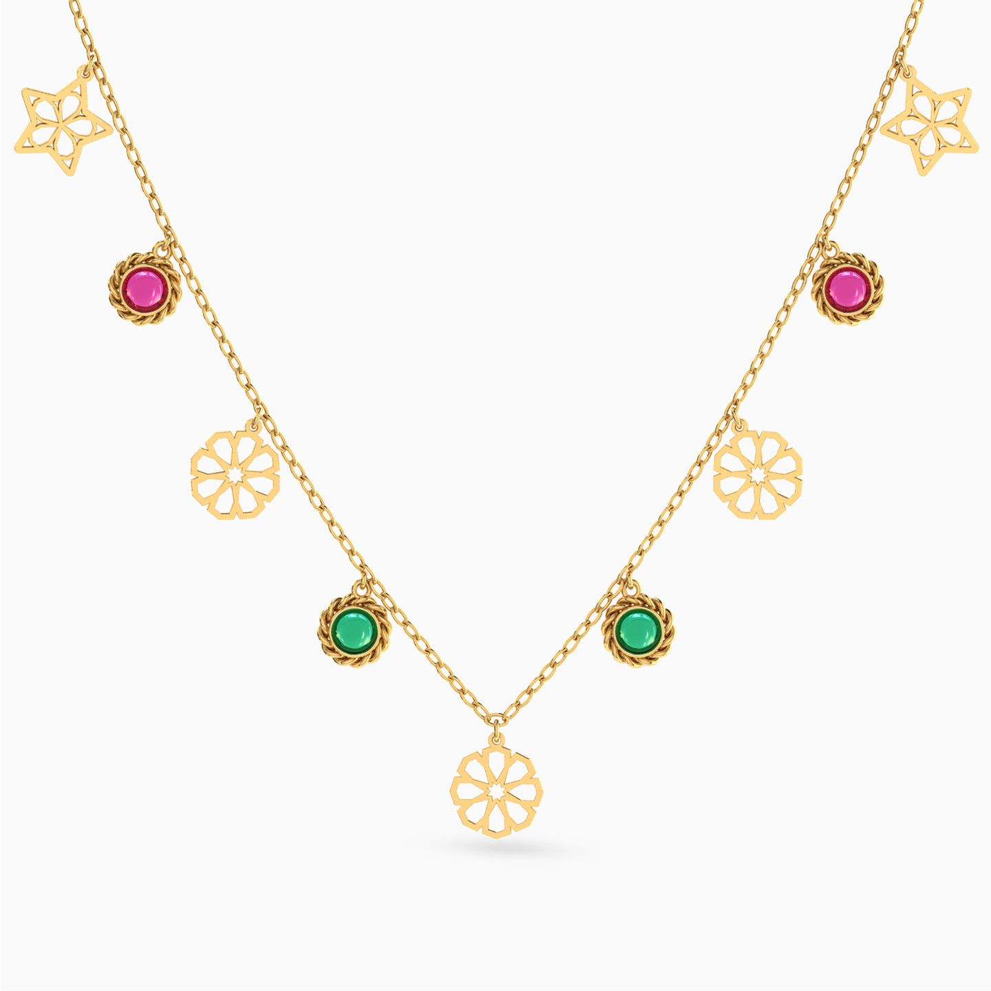 Multi-shaped Colored Stones Charms Necklace with 18K Gold Chain