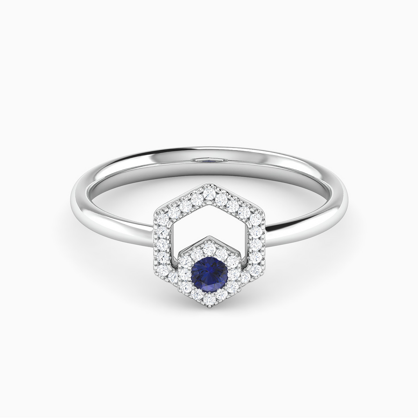 Hexagon Diamond & Blue Stone Ring in 18K Gold - 2 Hexagon Diamond & Blue Stone Ring in 18K Gold - 2