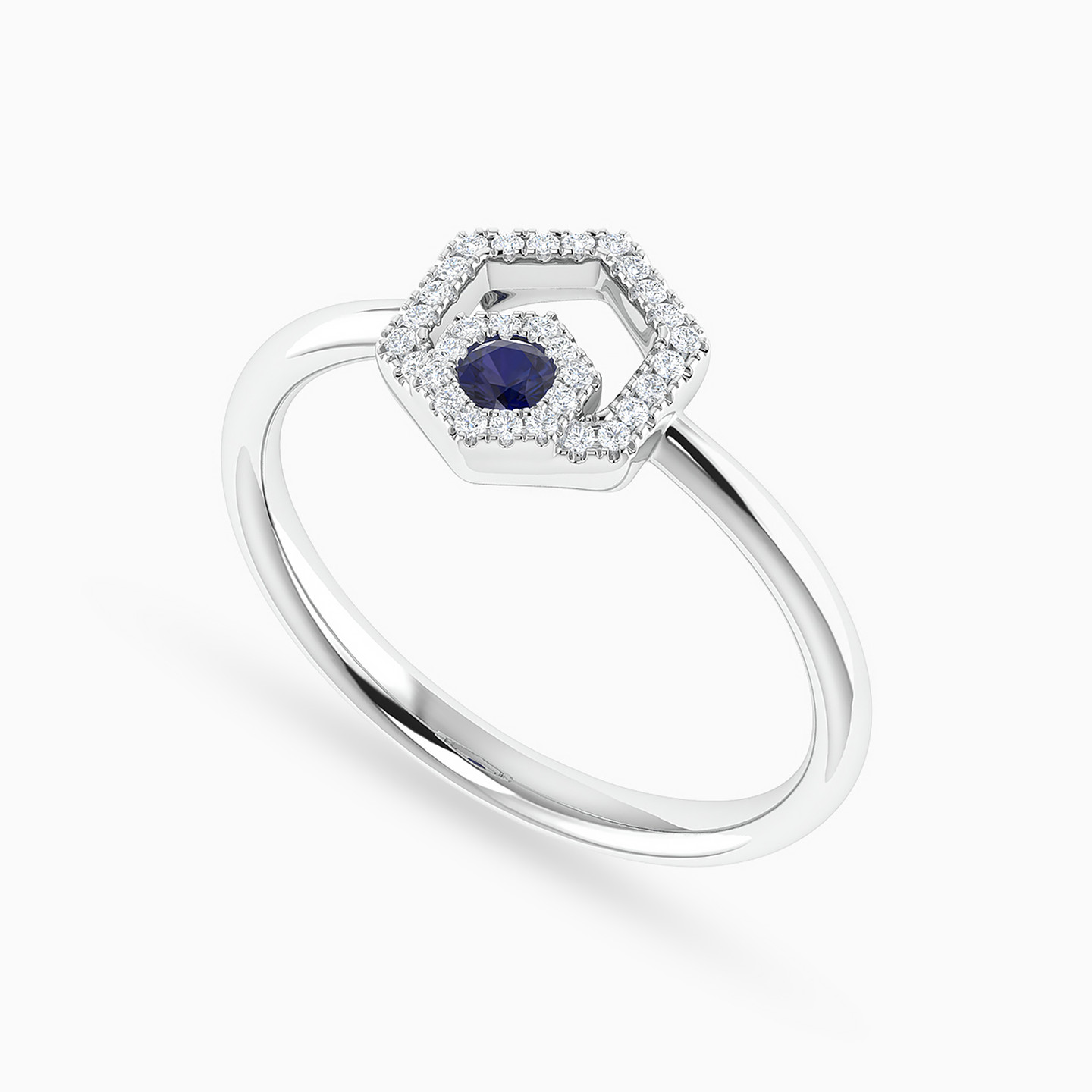 Hexagon Diamond & Blue Stone Ring in 18K Gold - 4 Hexagon Diamond & Blue Stone Ring in 18K Gold - 4
