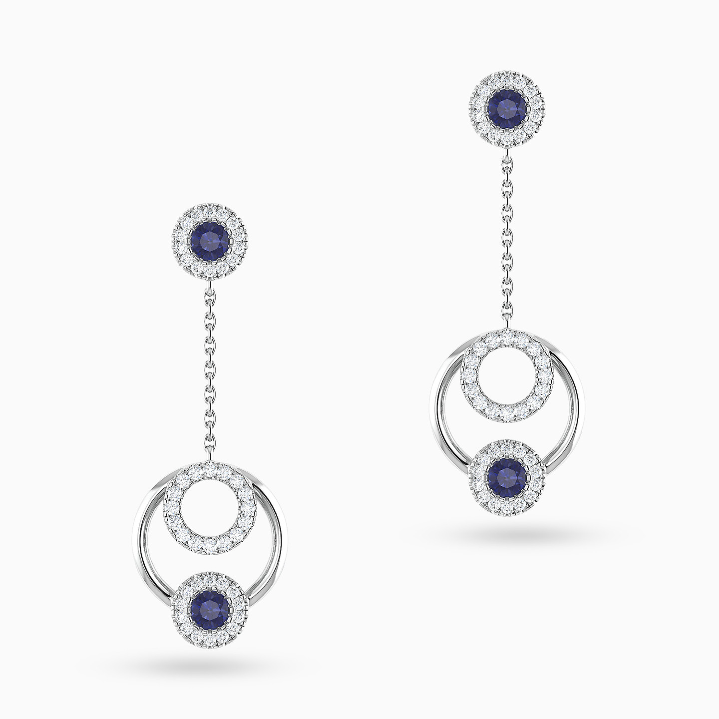 Circle Diamond & Blue Stone Drop Earrings in 18K Gold - 3 Circle Diamond & Blue Stone Drop Earrings in 18K Gold - 3