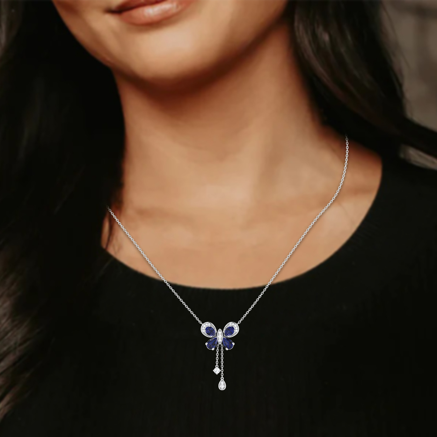 Butterfly Diamond & Blue Stone Necklace in 18K Gold - 2 Butterfly Diamond & Blue Stone Necklace in 18K Gold - 2
